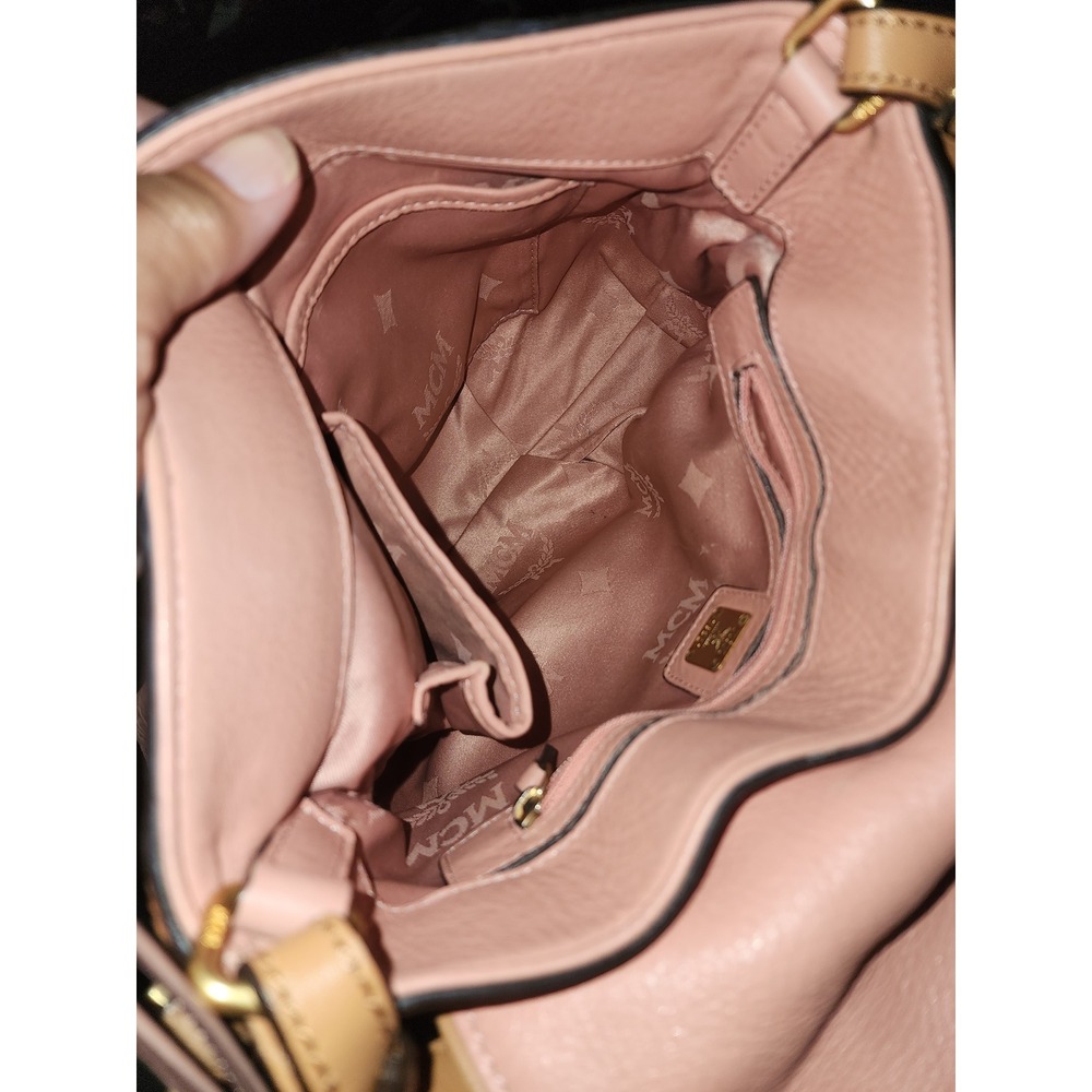 MCM Pink Leather Pleated Flap Crossbody Bag Gold Logo Tan Trim Shoulder Bag - Picture 5 of 5
